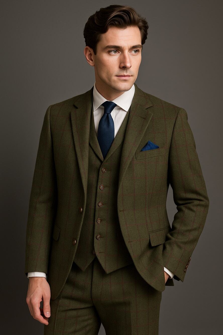 Samuel Windsor Suit Set Jacket Waistcoat Vest Wool Green Plaid 48R